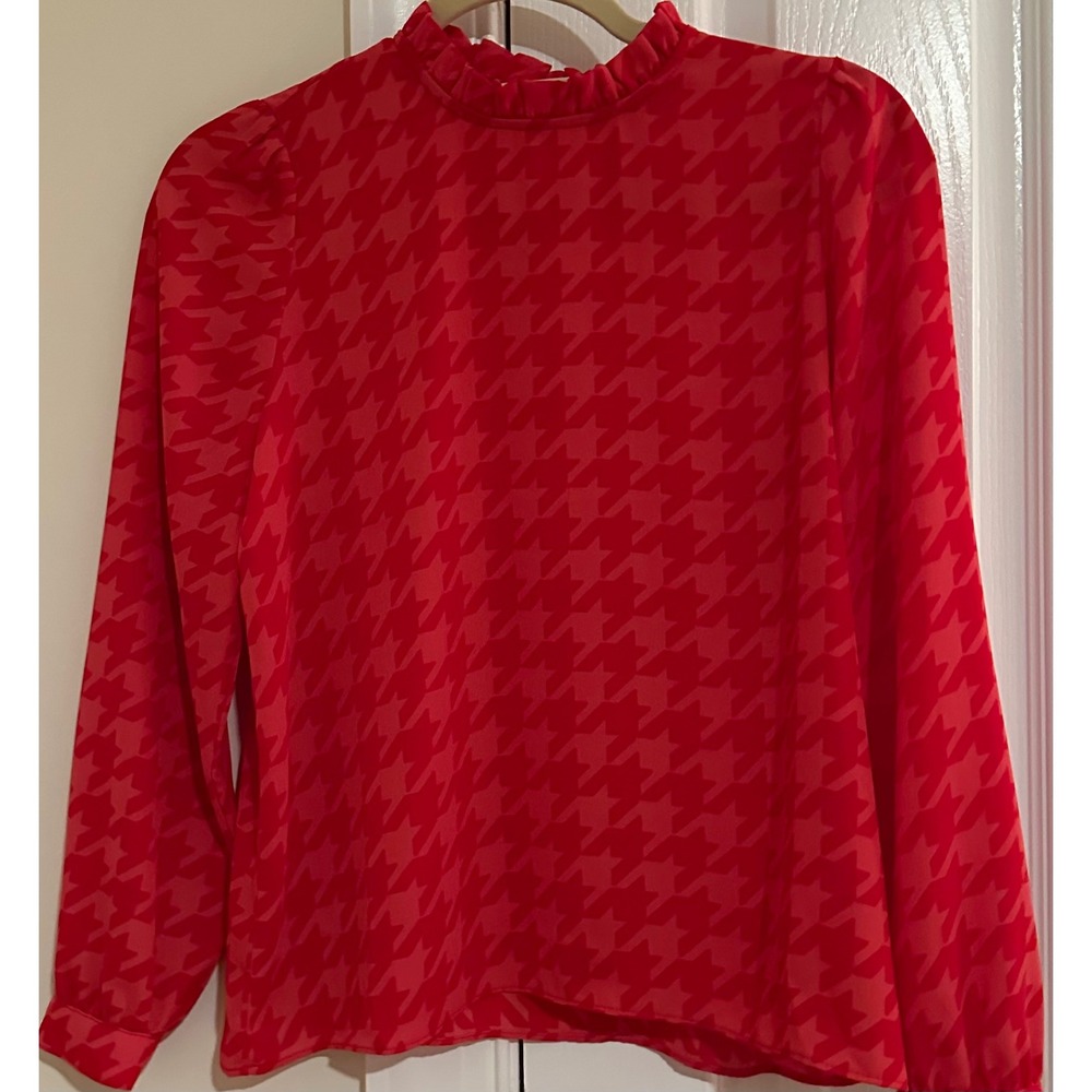 Ann Taylor Factory Petite Red Houndstooth Ruffle‎ Mock Neck Long Sleeve Top XXSP
